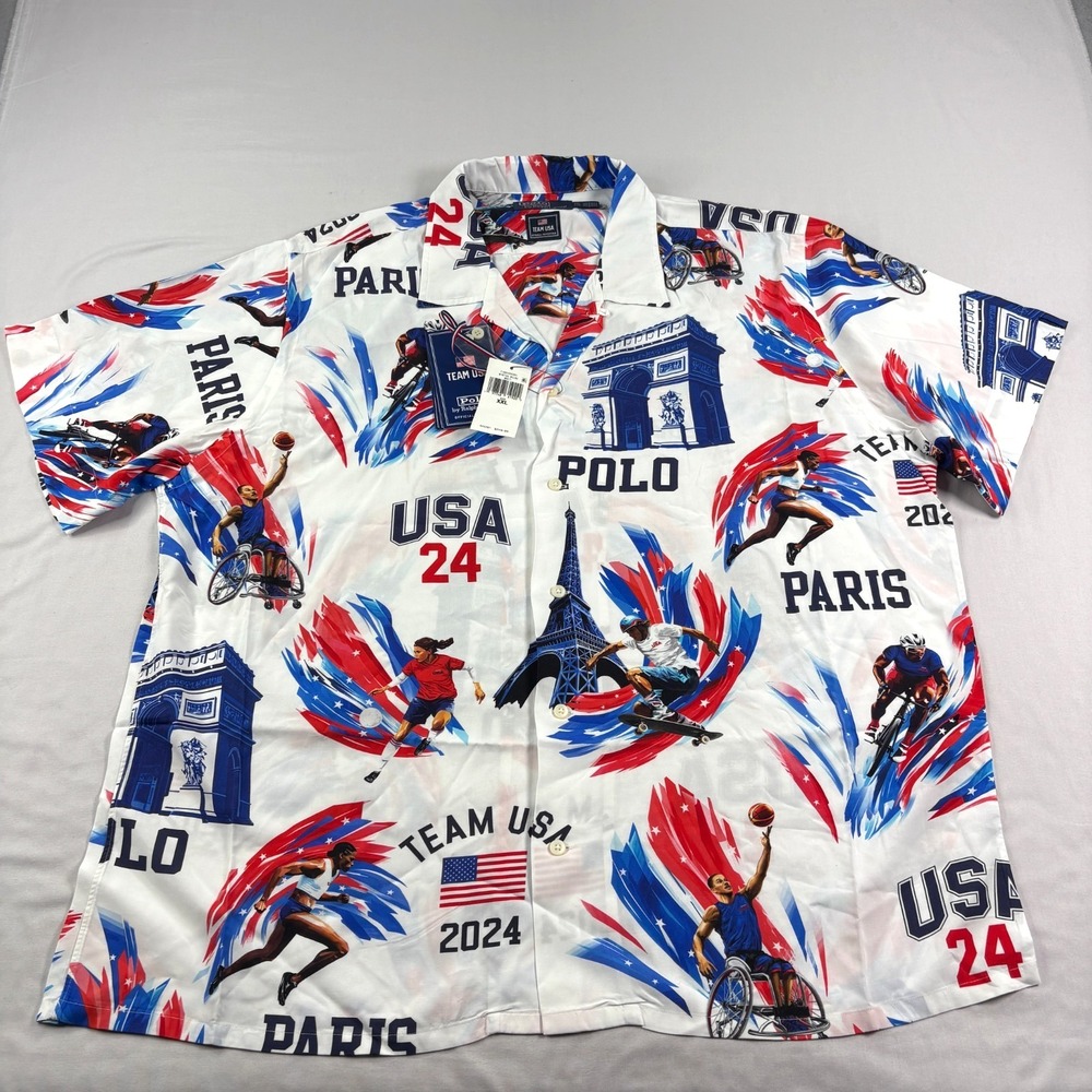 Polo Ralph Lauren Shirt‎ Mens 2XL Team USA Olympics AOP Graphic Loop Collar Camp